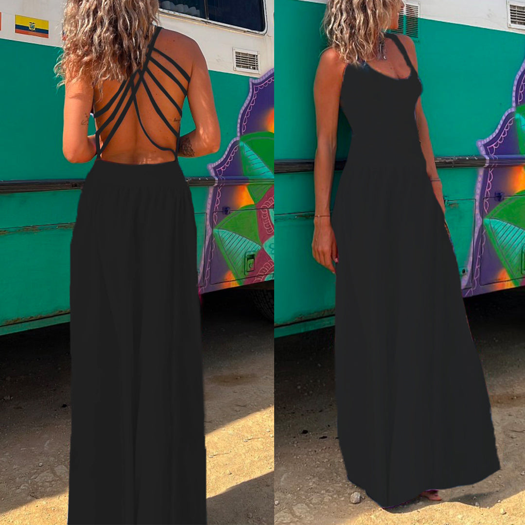 Karladress Solid Criss Cross Backless Maxi Cami Dress