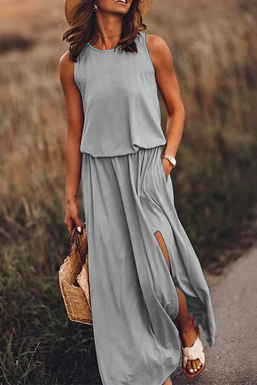 Karladress Sleeveless Waisted Slit Maxi Tank Dress