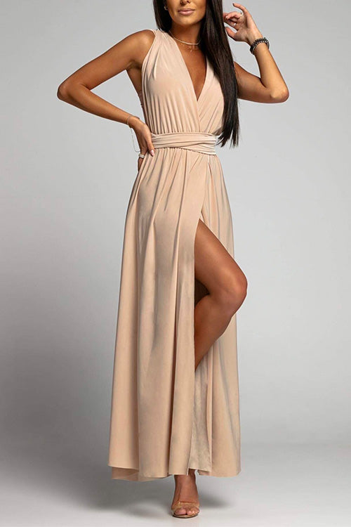 Karladress V Neck Sleeveless Back Criss Cross High Slit Maxi Party Dress