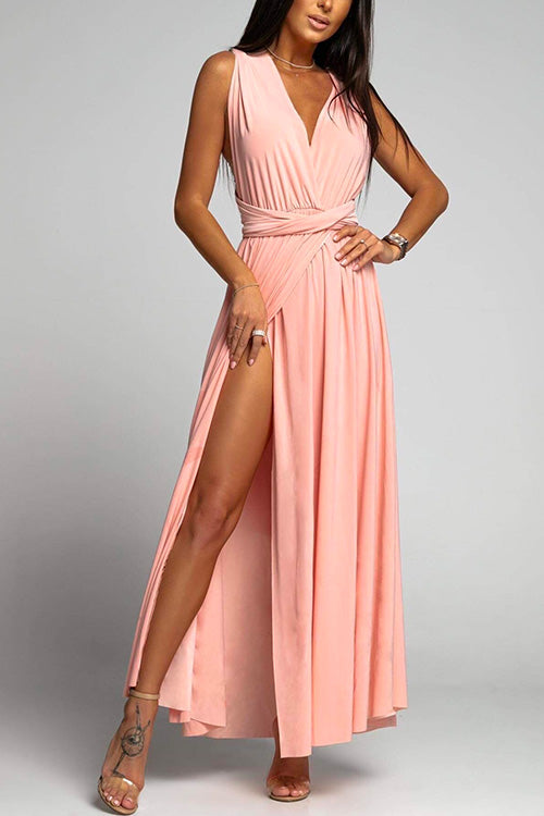 Karladress V Neck Sleeveless Back Criss Cross High Slit Maxi Party Dress