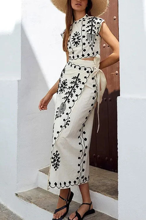 Karladress Printed Cap Sleeves Crop Top Tie Waist Maxi Wrap Skirt Set