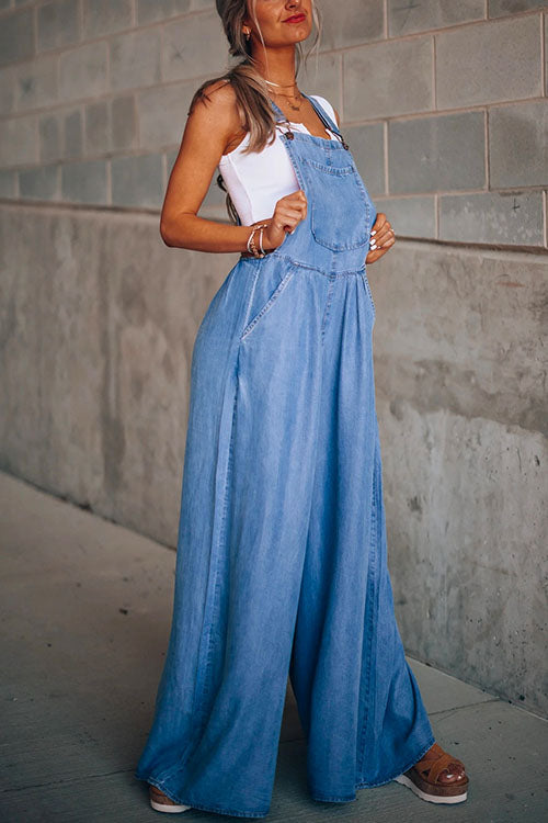 Karladress Pocketed Wide Leg Baggy Denim Overalls