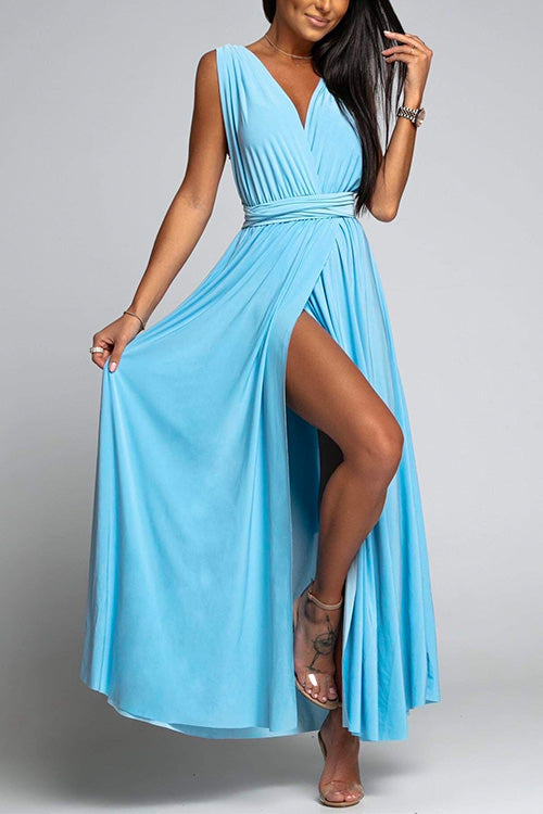 Karladress V Neck Sleeveless Back Criss Cross High Slit Maxi Party Dress