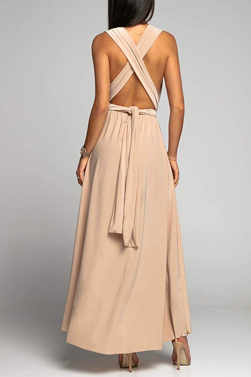 Karladress V Neck Sleeveless Back Criss Cross High Slit Maxi Party Dress