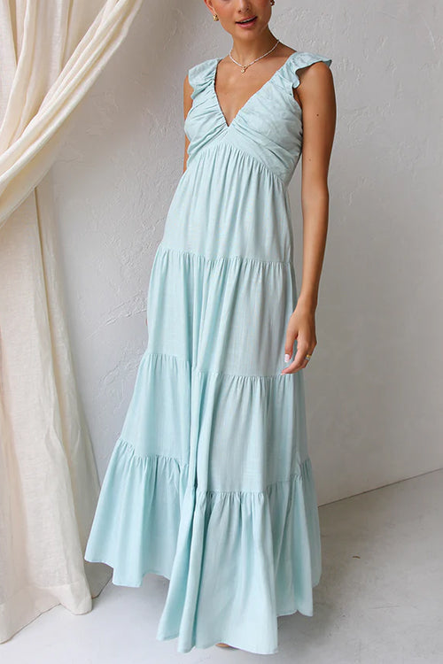 Karladress V Neck Ruffle Trim Tiered Sleeveless Linen Maxi Dress