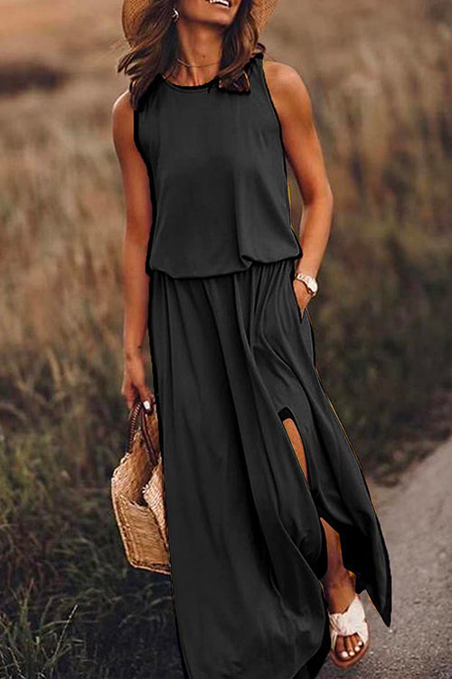 Karladress Sleeveless Waisted Slit Maxi Tank Dress