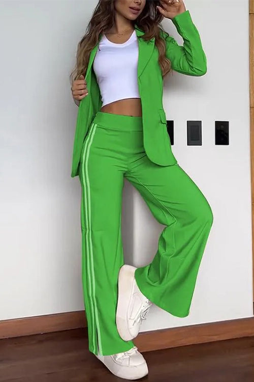 Karladress Color Block Open Front Blazer Elastic Waist Slit Wide Leg Pants Set