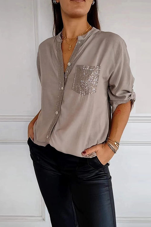 Karladress Rolled Up Sleeves Button Down Sequin Splice Blouse Shirt