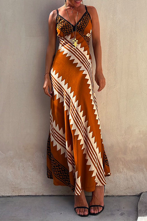 Karladress V Neck Color Block Printed Maxi Swing Cami Dress