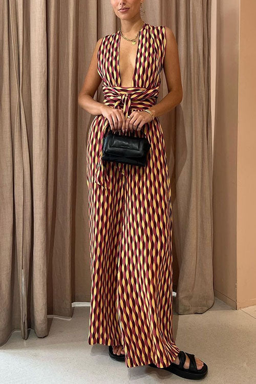 Karladress Chic Back Criss Cross Knot Waist Wide Leg Printed Jumpsuit