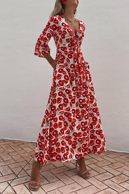 Tie Knot V Neck 3/4 Sleeves Abstract Print Maxi Swing Dress