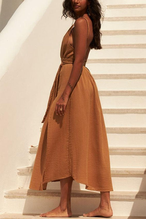 V Neck Backless Side Slit Midi Cami Dress