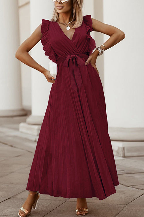 Karladress Wrap V Neck Ruffle Sleeve Tie Waist Pleated Maxi Dress