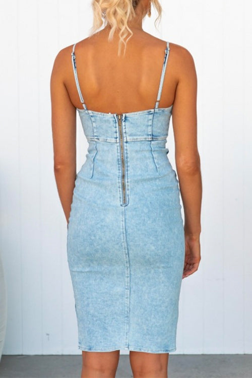 Karladress High Waist Slit Distressed Denim Bodycon Cami Dress