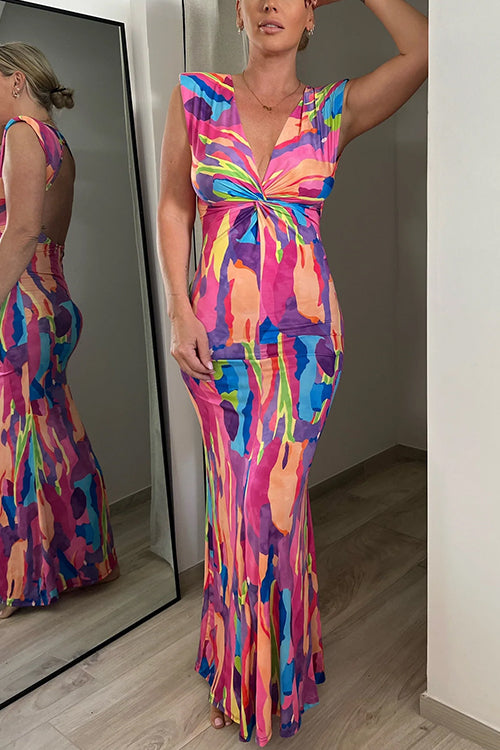 V Neck Twist Front Backeless Printed Maxi Bodycon Dress