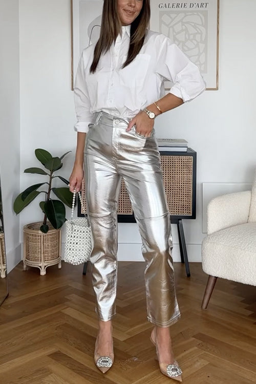 Karladress High Rise Metallic Faux Leather Cropped Pants