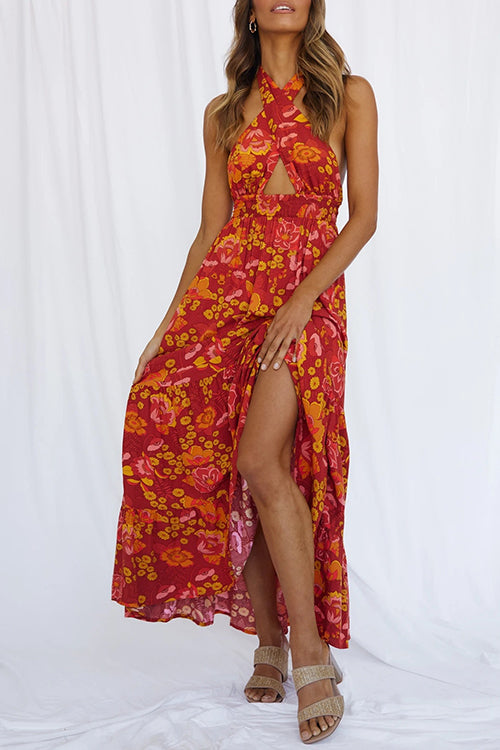 Karladress Criss Cross Halter Backless Cut Out Slit Floral Maxi Dress