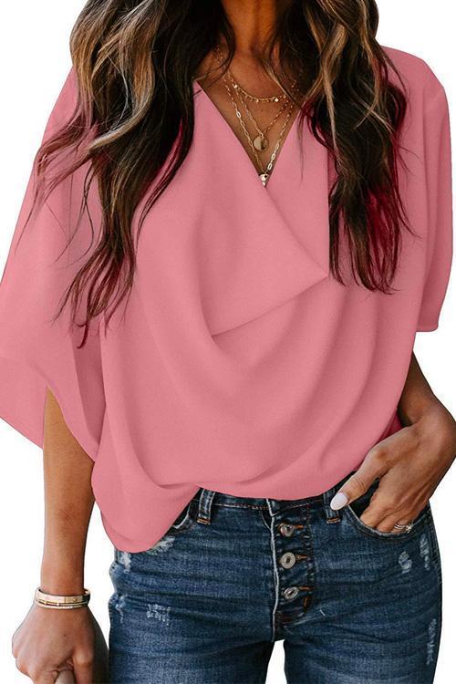 Karladress Cowl Neck Short Sleeve Drape Chiffon Shirt