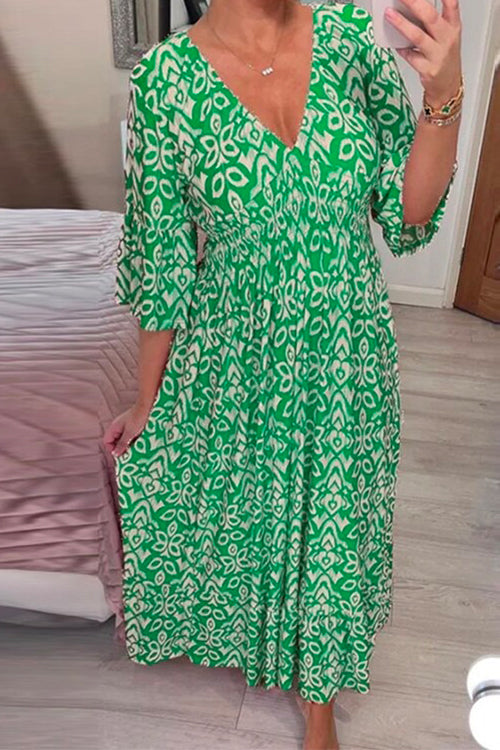 Karladress V Neck Half Sleeves Printed Swing Maxi Holiday Dress