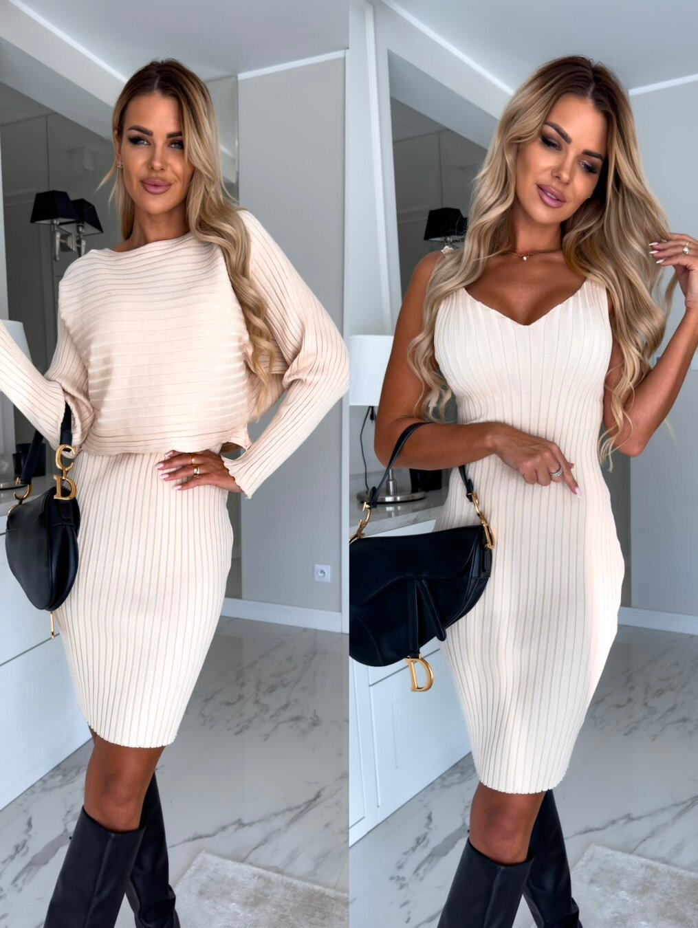 Karladress Ribbed Knit Long Sleeves Crop Pullover and Bodycon Cami Dress Set