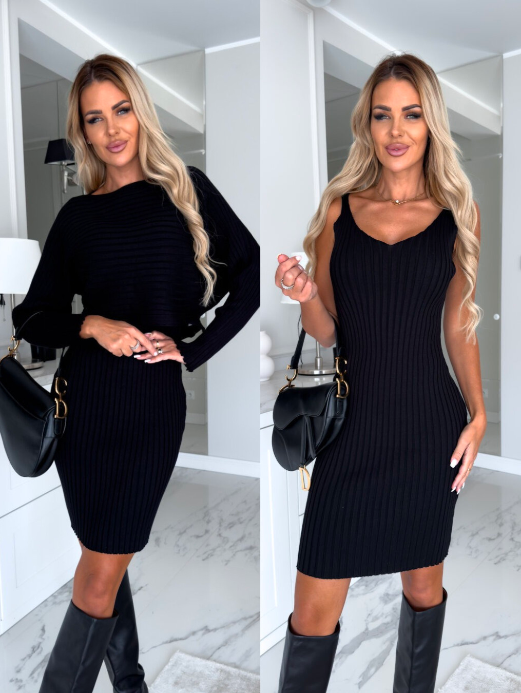 Karladress Ribbed Knit Long Sleeves Crop Pullover and Bodycon Cami Dress Set