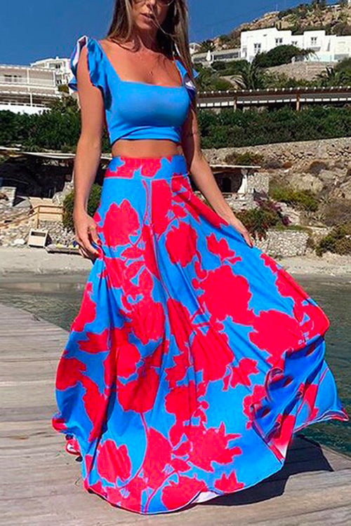 Karladress Square Collar Ruffle Crop Top Maxi Swing Skirt Printed Set