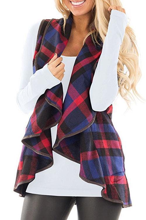 Karladress Pockets Plaid Jacket Vest