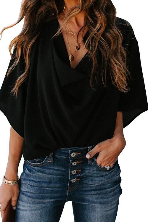 Karladress Cowl Neck Short Sleeve Drape Chiffon Shirt