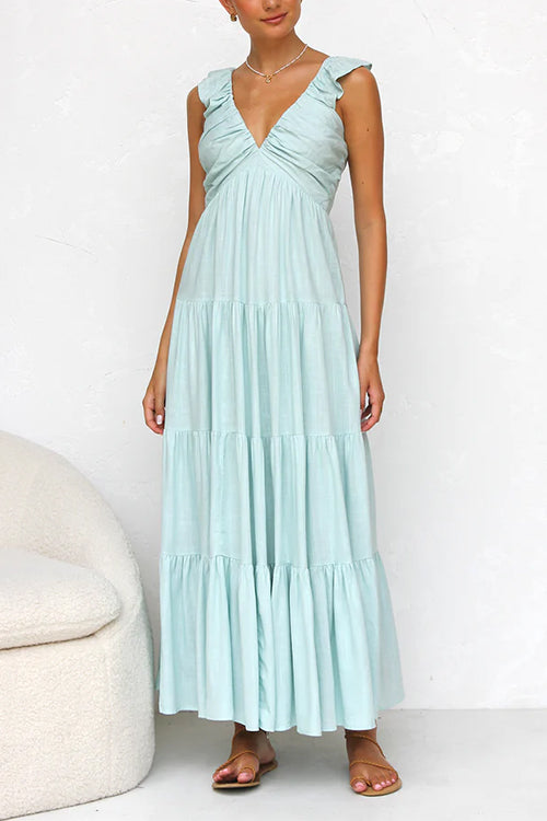 Karladress V Neck Ruffle Trim Tiered Sleeveless Linen Maxi Dress