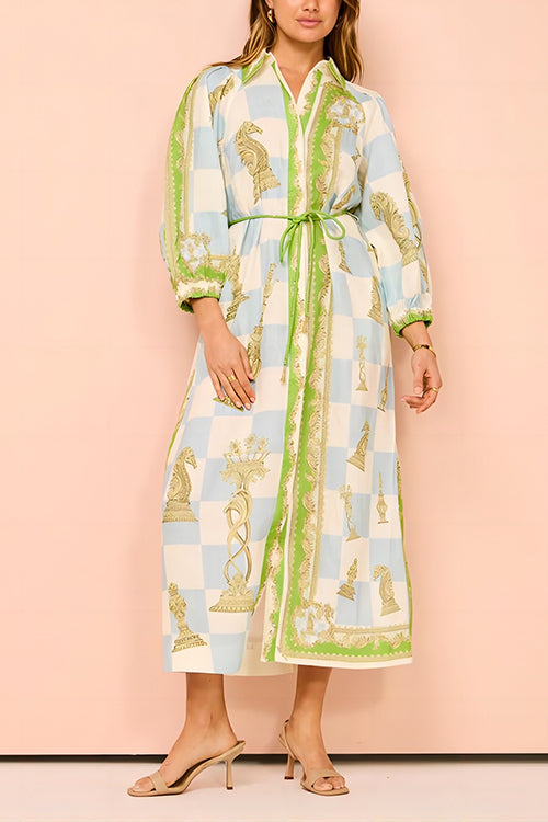 Karladress Button Down Tie Waist Pocketed Unique Print Midi Shirt Dress