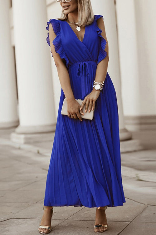 Karladress Wrap V Neck Ruffle Sleeve Tie Waist Pleated Maxi Dress