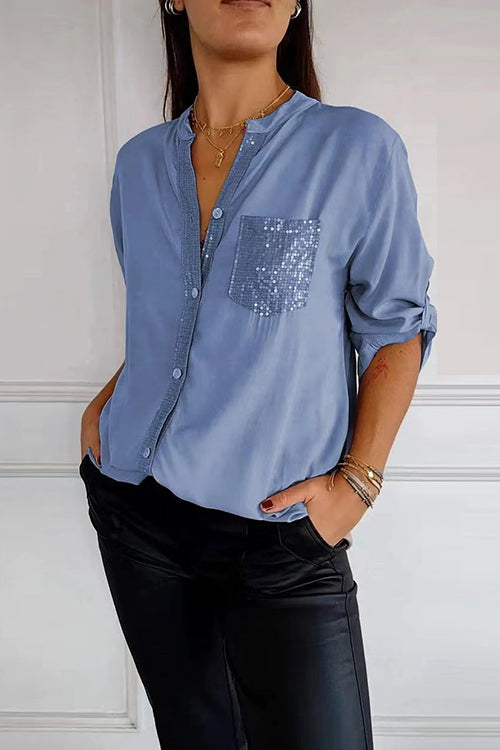 Karladress Rolled Up Sleeves Button Down Sequin Splice Blouse Shirt