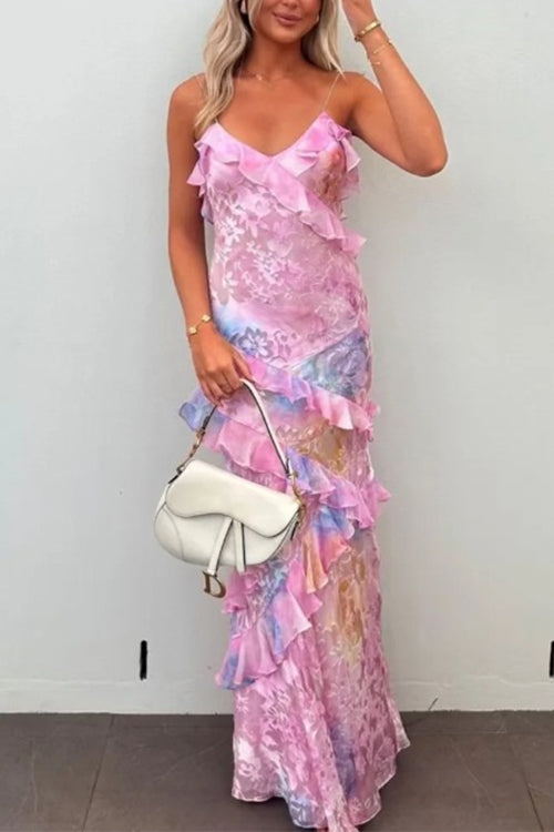 Karladress Spaghetti Strap Backless Ruffle Trim Printed Maxi Dress