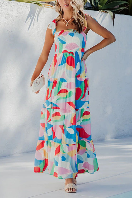 Karladress Bow Shoulder Ruffle Tiered Printed Flowy Maxi Cami Dress