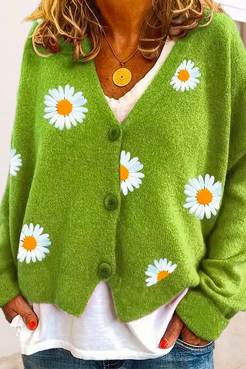 Karladress V Neck Button Up Daisy Embroidery Sweater Cardigan