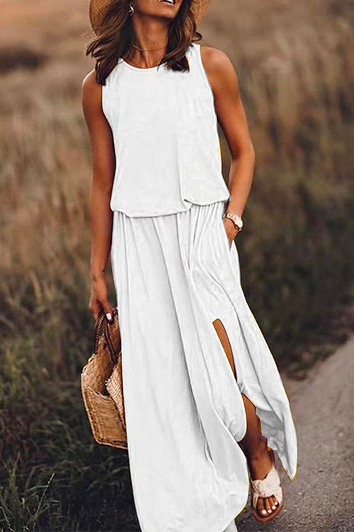 Karladress Sleeveless Waisted Slit Maxi Tank Dress