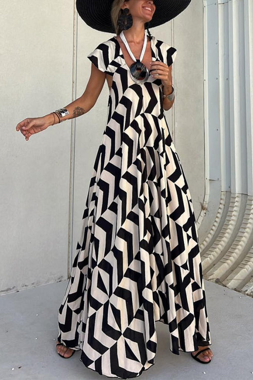 V Neck Cap Sleeves Printed A-line Maxi Vacation Dress