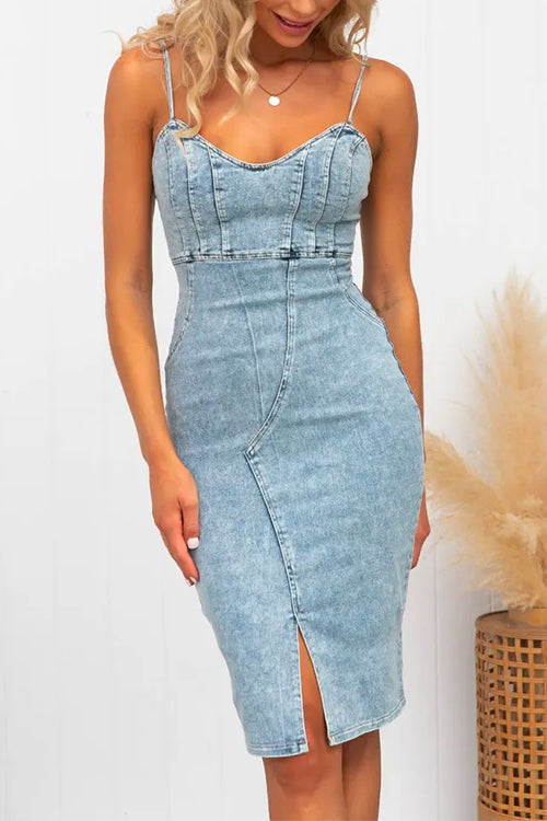 Back Zip Up High Waist Slit Denim Bodycon Cami Dress