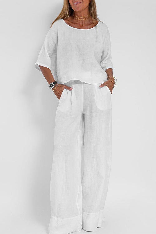 Karladress Round Neck 3/4 Sleeves Pullovers Wide Leg Pants Cotton Linen Set