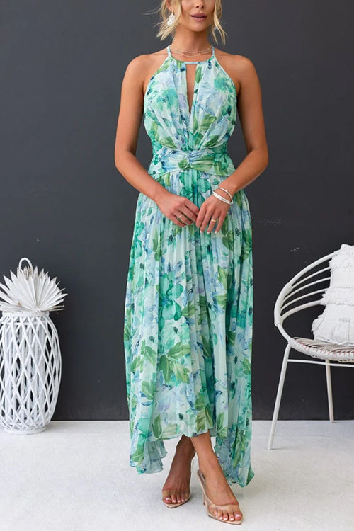 Karladress V Neck Waisted Cut Out Floral Pleated Maxi Dress