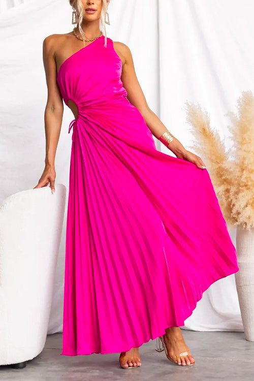 Karladress One Shoulder Drawstring Cut Out Pleated Swing Maxi Dress