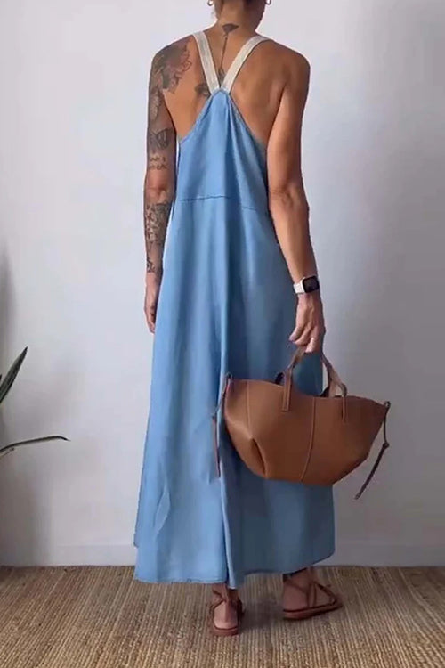 Karladress Color Block Casual Cotton Linen Maxi Beach Dress