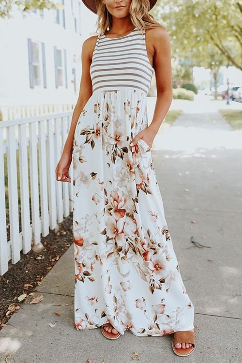 Karladress Sleeveless Stripes Splice Floral Maxi Dress