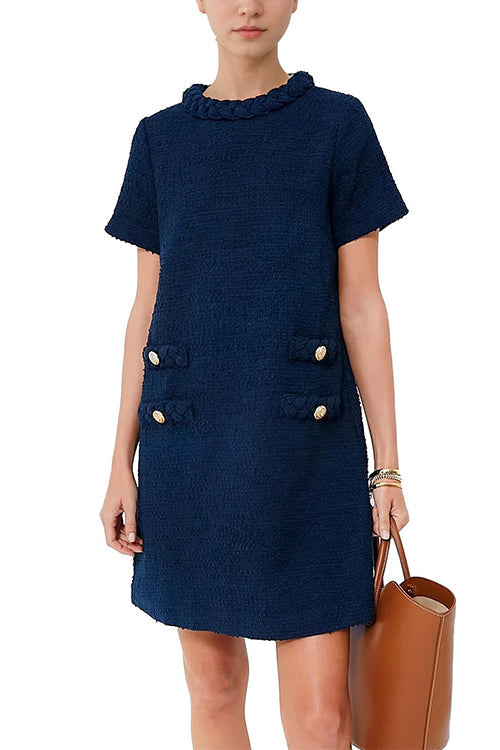 Karladress Elegant Crewneck Short Sleeves Buttons Tweed Dress