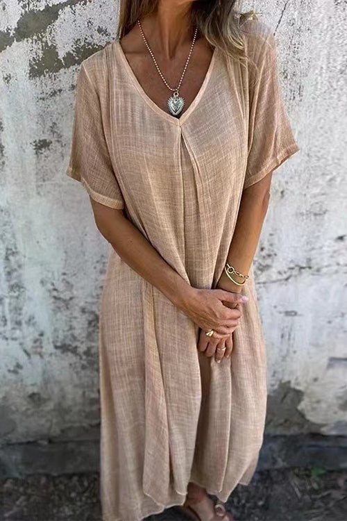 Karladress V Neck Loose Fit Cotton Linen Midi Dress