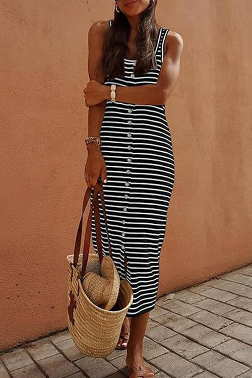 Karladress U Neck Button Down Striped Midi Tank Dress