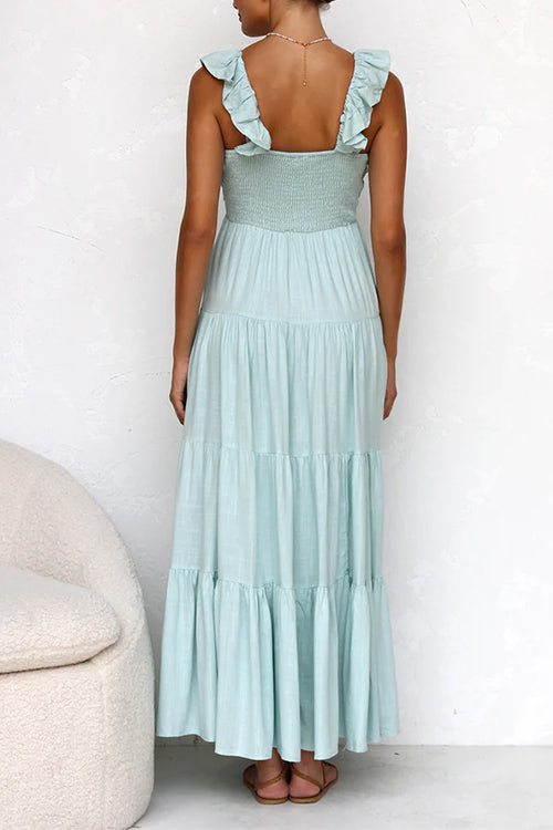 Karladress V Neck Ruffle Trim Tiered Sleeveless Linen Maxi Dress