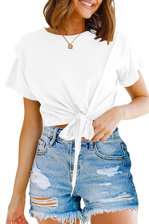 Karladress Short Sleeve Knot Front Cropped T-shirt