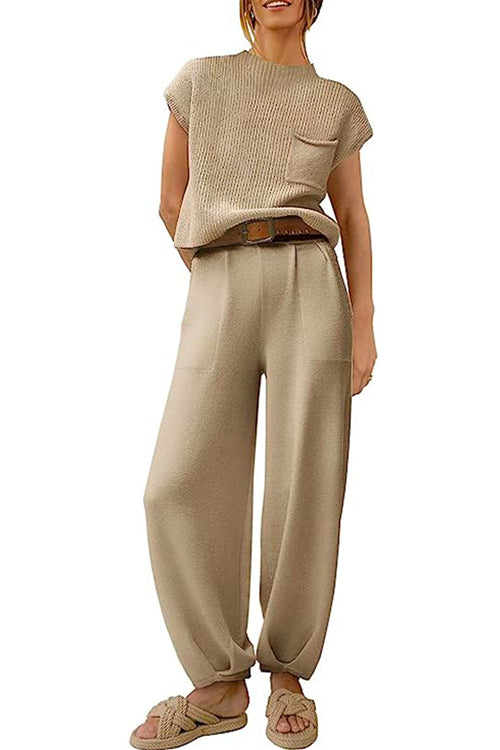 Karladress Short Sleeves Ribbed Knit Pullover Ruched Harem Pants Set