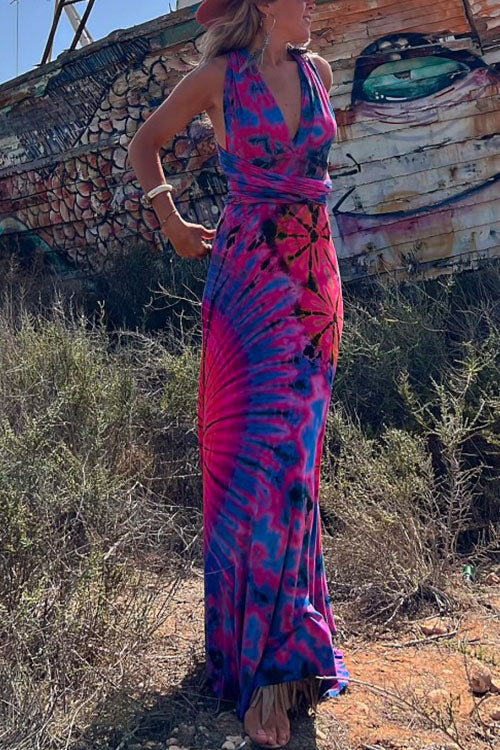 Karladress V Neck Criss Cross Backless Tie Dye Maxi A-line Dress